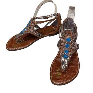 Sam Edelman Gavin Sandals Womens 6.5 Brown Leather Blue Beaded T Strap Flat Boho